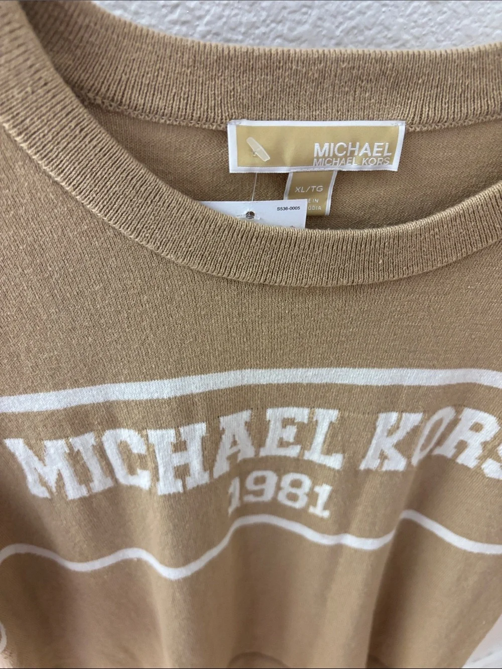 Michael Kors Tan and Cream Short-Sleeve Logo Knit Top